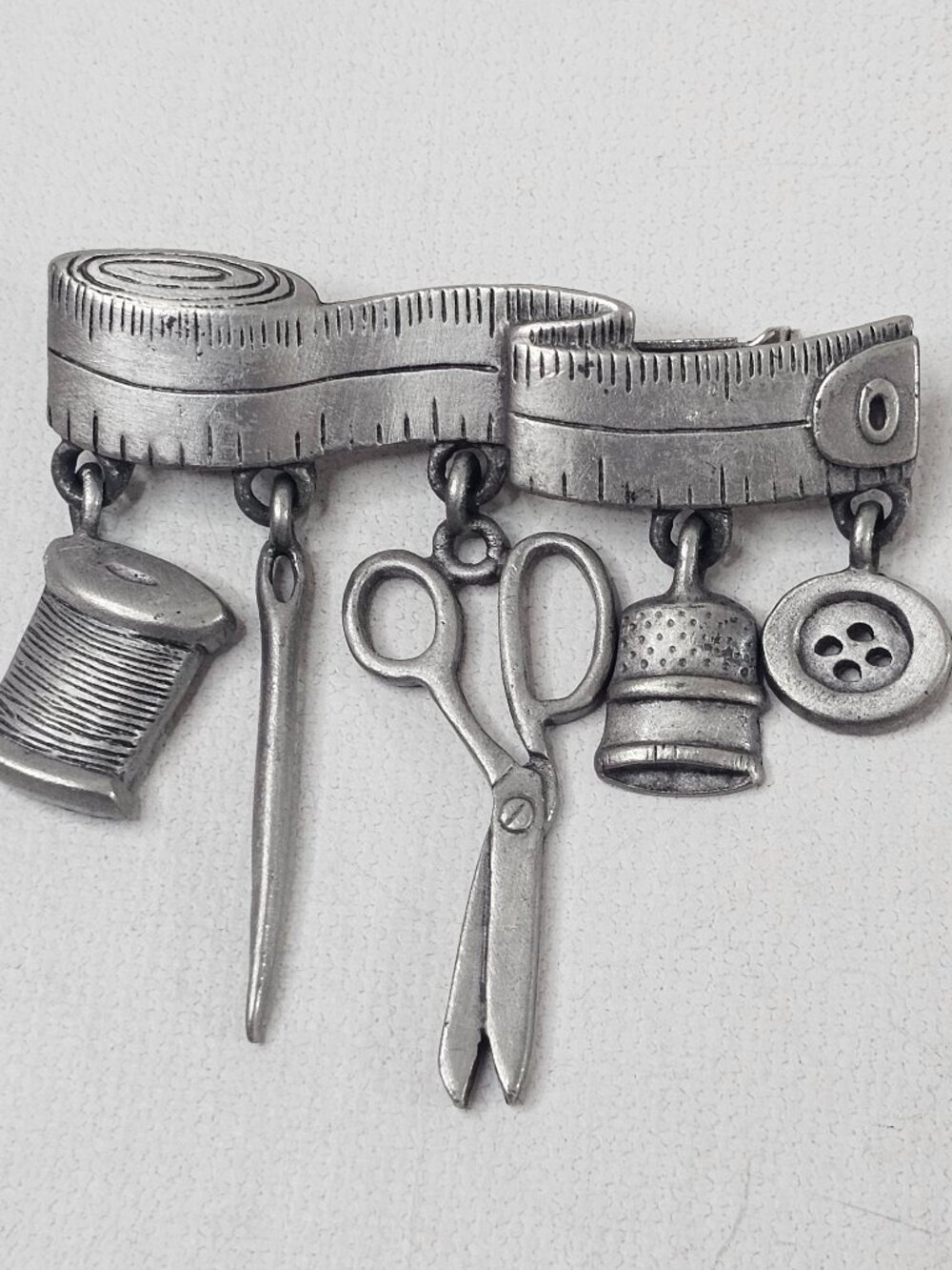 JJ Pewter Seamstress Brooch Dangling Charms Sewing Dressmaker Gift Jewelry Pin